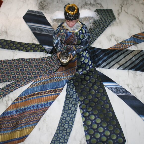UPCYCLED Angel African American Necktie Tree Topper Table Centerpiece X-mas Blue - Picture 5 of 14